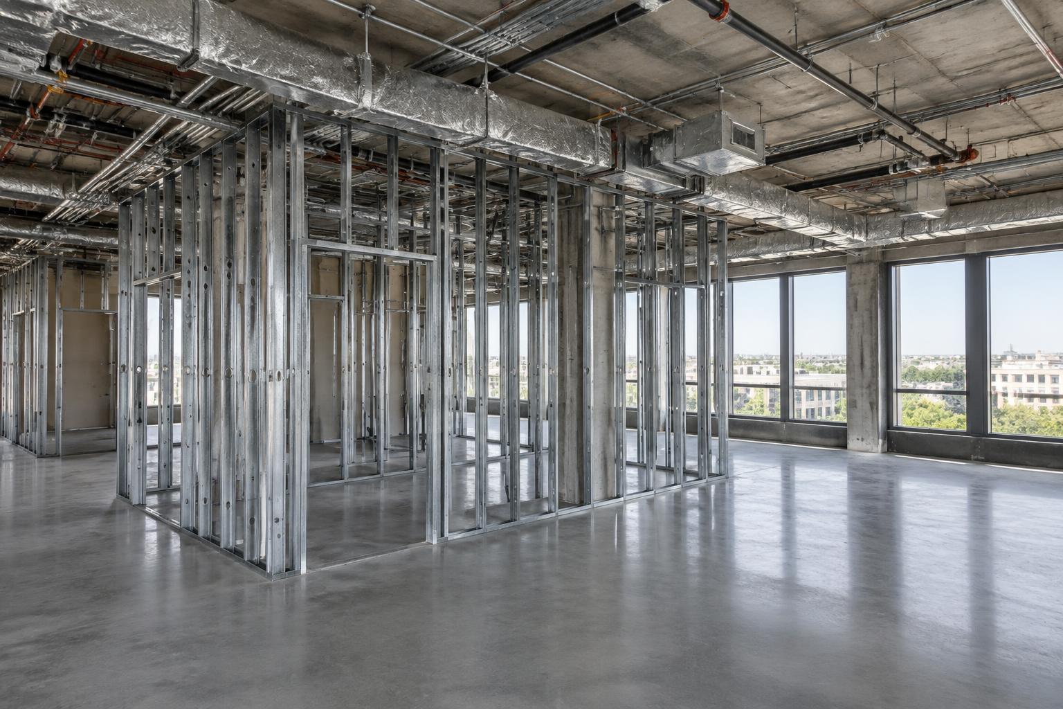 Commercial interior under renovation with exposed ductwork and metal framing